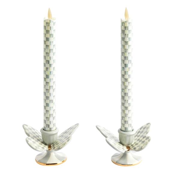 Brand New Mackenzie-Childs Sterling Check Butterfly Candle Holders Set of 2 - Picture 2 of 12